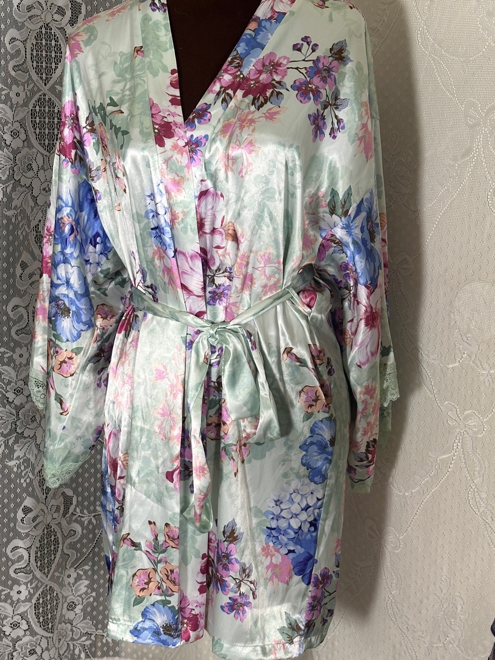 Floral Satin Kimono Robe in Mint with Pink & Blue Blooms